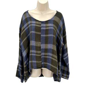 NWOT Flax Oversized Blue & Gray Plaid 100% Linen Scoop Neck Slouchy Top M